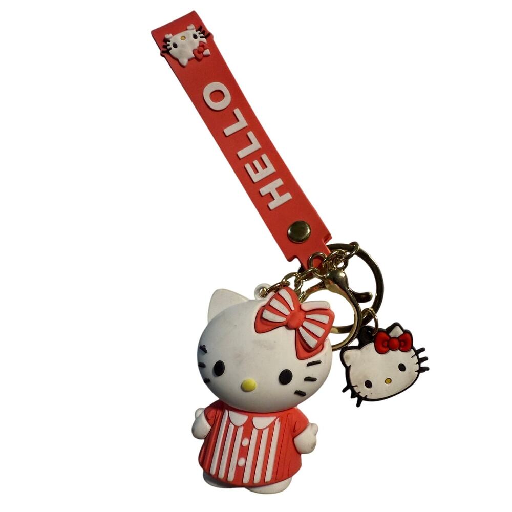Hello Kitty Silicone Keychain With Charm & Wrist Strap, Kawaii, Pink Bow & Dress